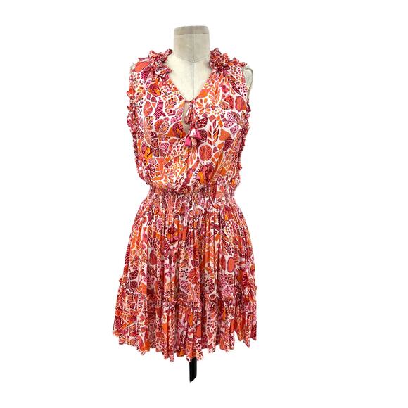 Poupette St Barth Clara Mini Dress Red Chagal Print‎ Orange Pink Size Medium - Picture 2 of 13